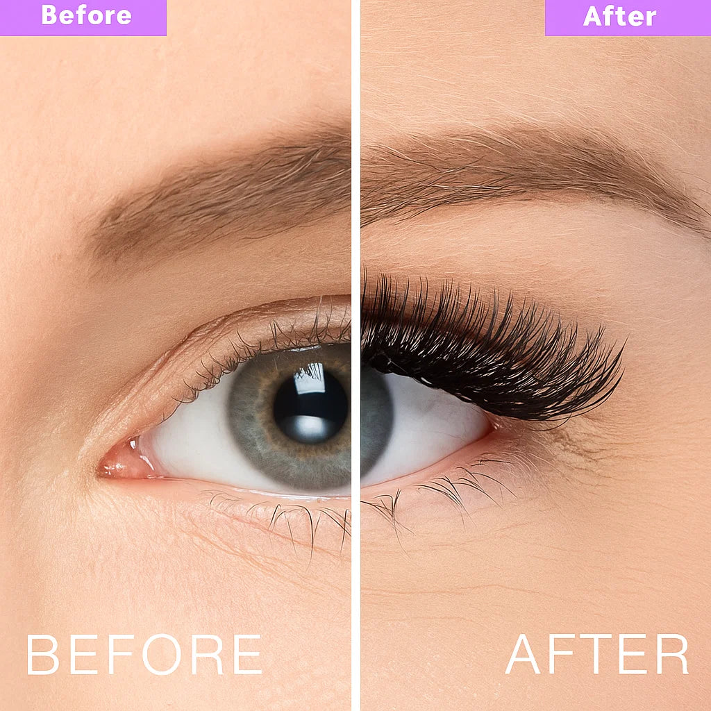 Before and after comparison showing natural lashes versus magnetic eyelashes applied for a fuller, dramatic look