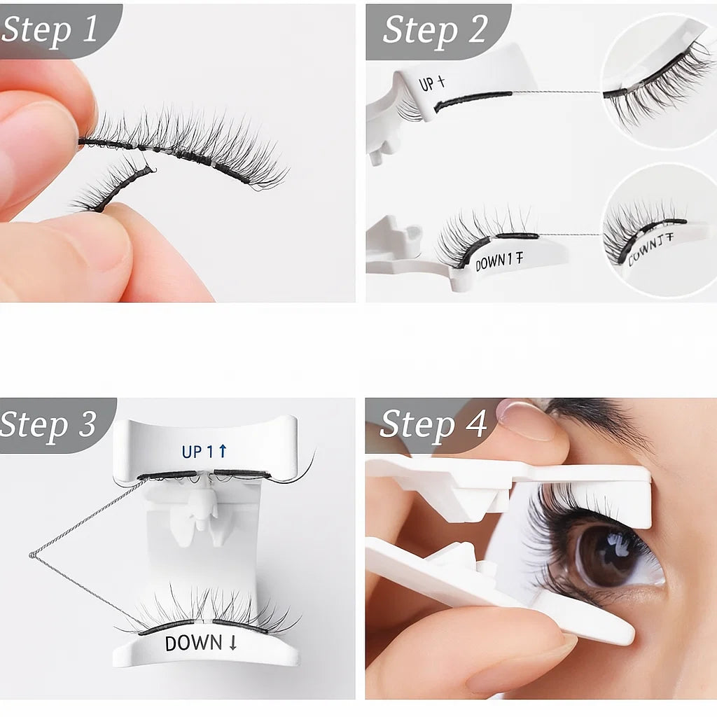 Step-by-step guide on how to apply magnetic eyelashes with close-up views and text labels